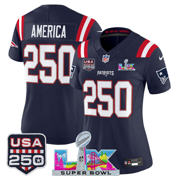 Women's New England Patriots Super Bowl LX & United States 250th Anniversary Patch Vapor Limited Jersey - All Stitched - Navy - #250 America — view 1