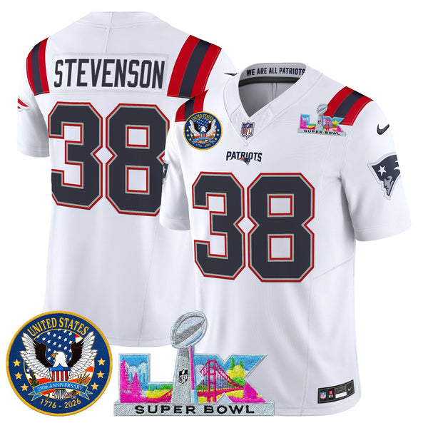 Men's New England Patriots Super Bowl LX & United States 250th Patch Vapor Limited Jersey - All Stitched - White - Rhamondre Stevenson — view 1