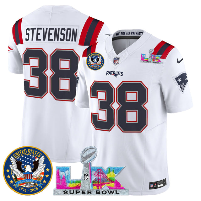 Men's New England Patriots Super Bowl LX & United States 250th Patch Vapor Limited Jersey - All Stitched - White - Rhamondre Stevenson — view 1