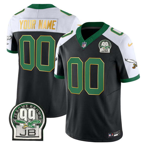 Eagles Jerome Brown Patch Kelly Green Gold Trim Custom Jersey - All Stitched - Black Alternate — view 1
