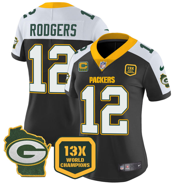 Women's Packers 13 Time World Champions & Home Patch Vapor Jersey – All Stitched - Black Alternate - Aaron Rodgers — view 1