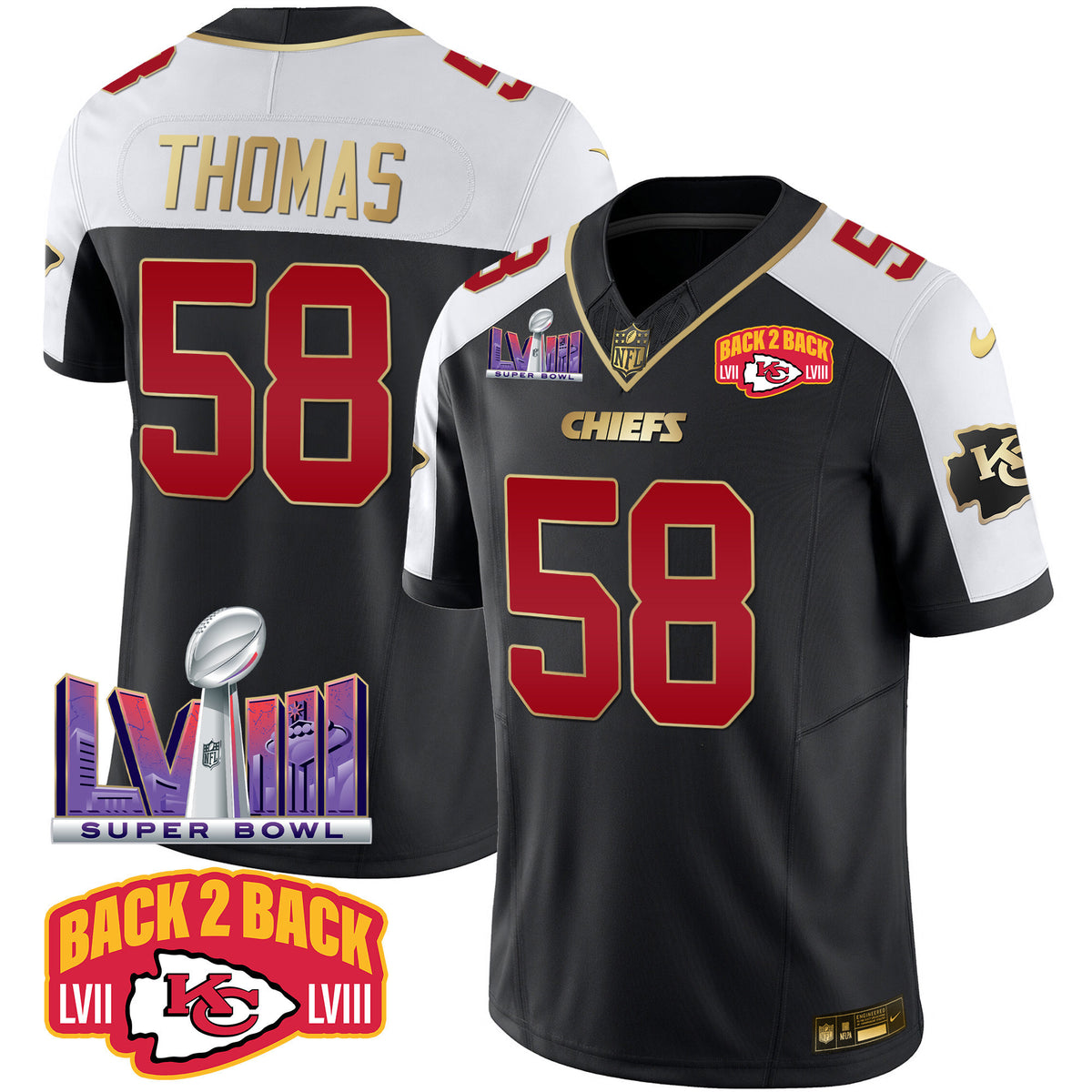 Men's Chiefs Super Bowl LVIII & Back 2 Back Patch Vapor Jersey - All Stitched - Black Alternate - Derrick Thomas — view 1