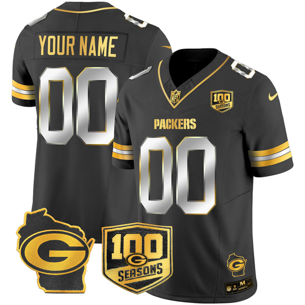 Green Bay Packers 100th Season & Home Patch Gold Vapor Limited Custom Jersey – All Stitched - Black Limited — view 1