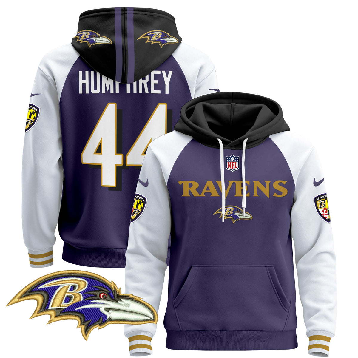 Men's Baltimore Ravens 2024 Pullover Hoodie V3 - All Stitched - Purple Alternate - Marlon Humphrey — view 1