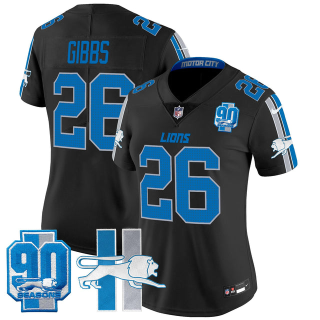 Women's Detroit Lions Throwback 90th Year Patch Vapor Limited Jersey - All Stitched - Black - Jahmyr Gibbs — view 1