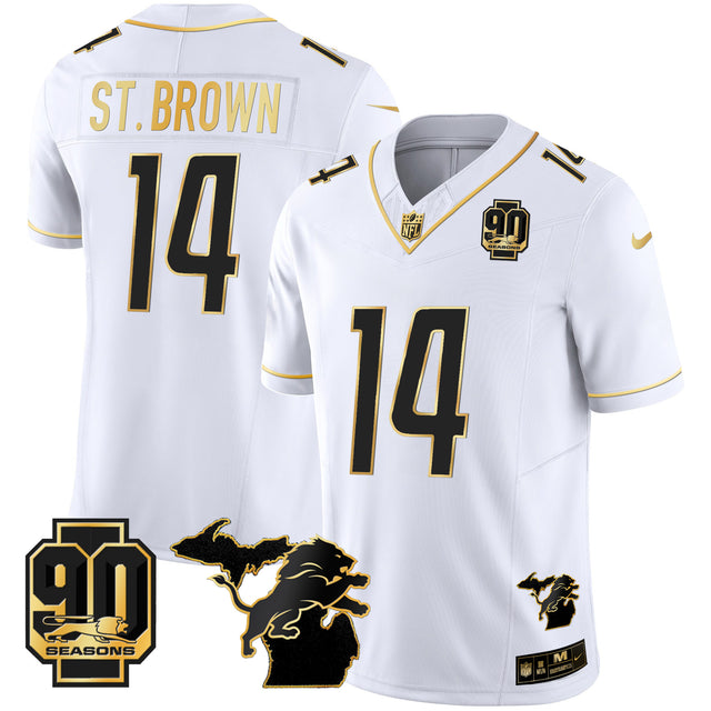 Men's Detroit Lions 90th Year & Michigan Patch Gold Vapor Jersey - All Stitched - White Gold - St. Brown — view 1