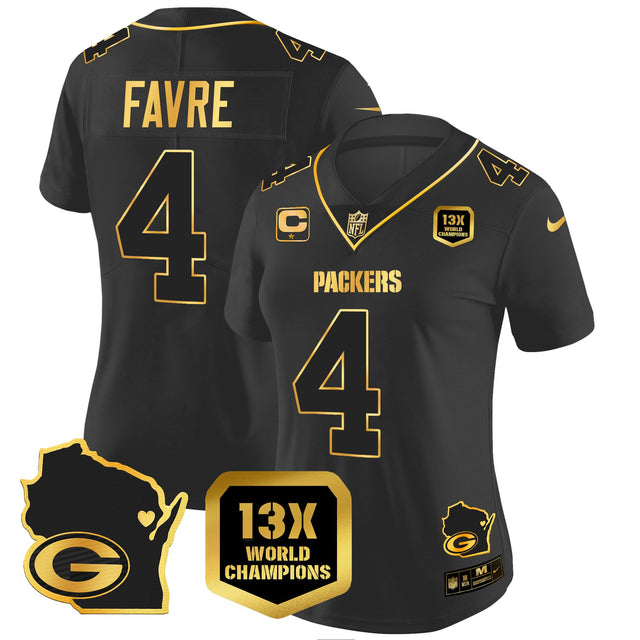 Women's Packers 13 Time World Champions & Home Patch Gold Vapor Jersey V2 – All Stitched - Black Gold - Brett Favre — view 1