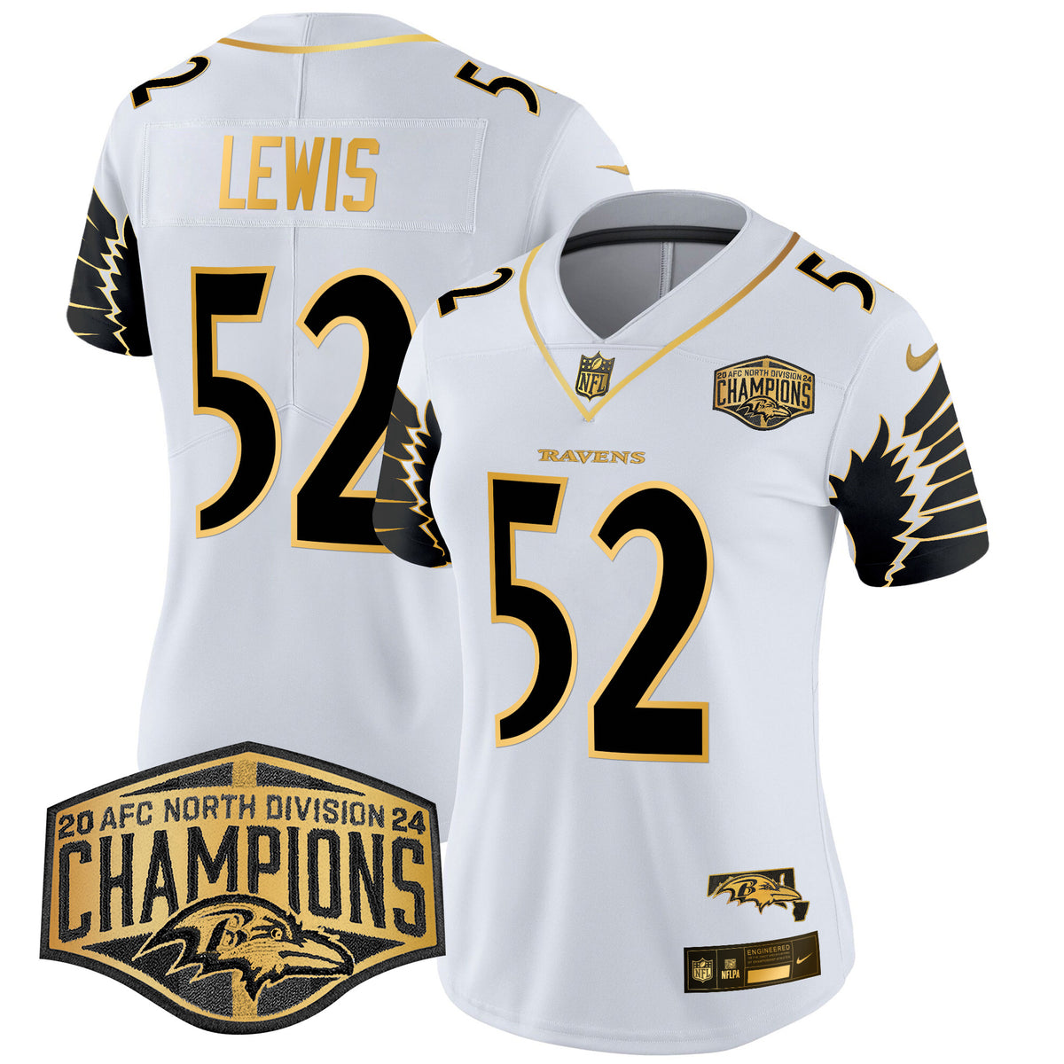 Women's Ravens Maryland 2024 AFC North Division Champions Patch Gold Vapor Limited Jersey - All Stitched - White Gold - Ray Lewis — view 1