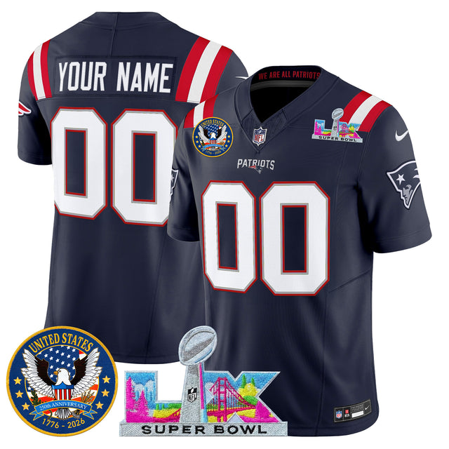 New England Patriots Super Bowl LX & United States 250th Patch Vapor Limited Custom Jersey - All Stitched - Navy — view 1