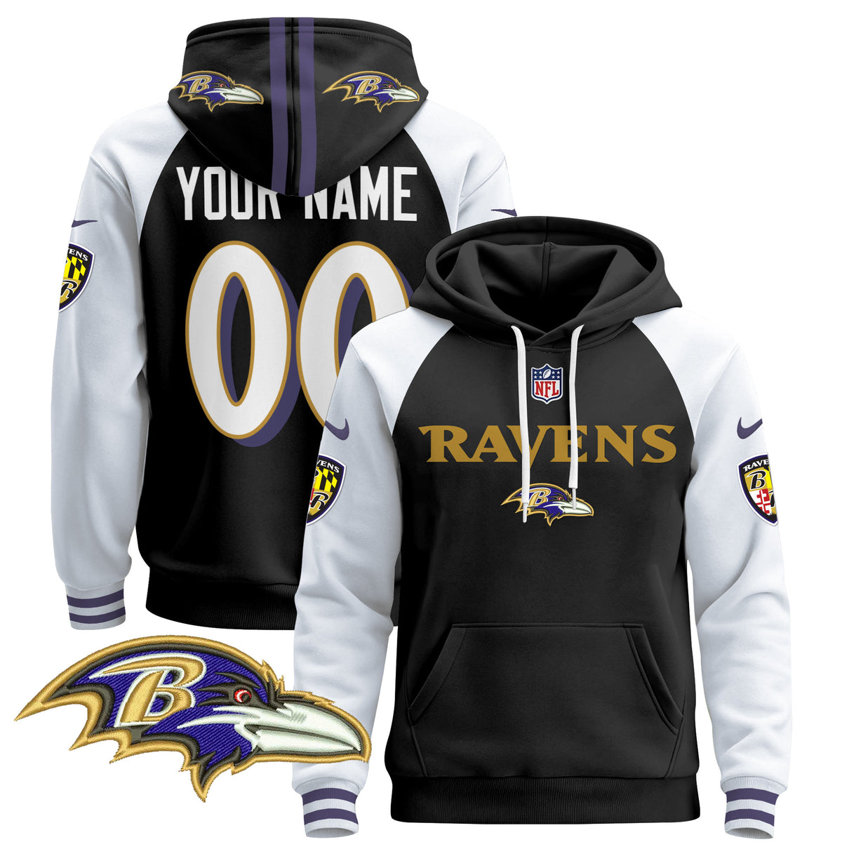 Baltimore Ravens 2024 Custom Pullover Hoodie V3 - All Stitched - Black Alternate — view 1