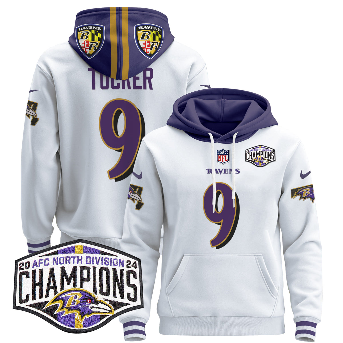 Men's Baltimore Ravens 2024 AFC North Division Champions Patch Pullover Hoodie V2 - All Stitched - White - Justin Tucker — view 1