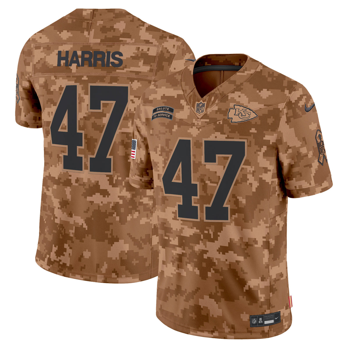 Men's Kansas City Chiefs 2024 Salute to Service Vapor Limited Jersey - All stitched - Brown Camo - Kamala Harris — view 1