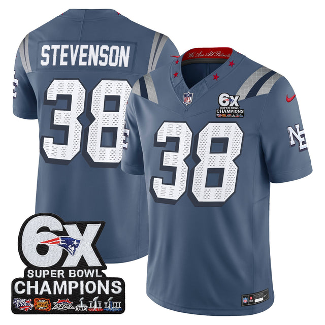 Men's New England Patriots 6-Time Champions Patch Vapor Limited Jersey - All Stitched - Storm Blue - Rhamondre Stevenson — view 1