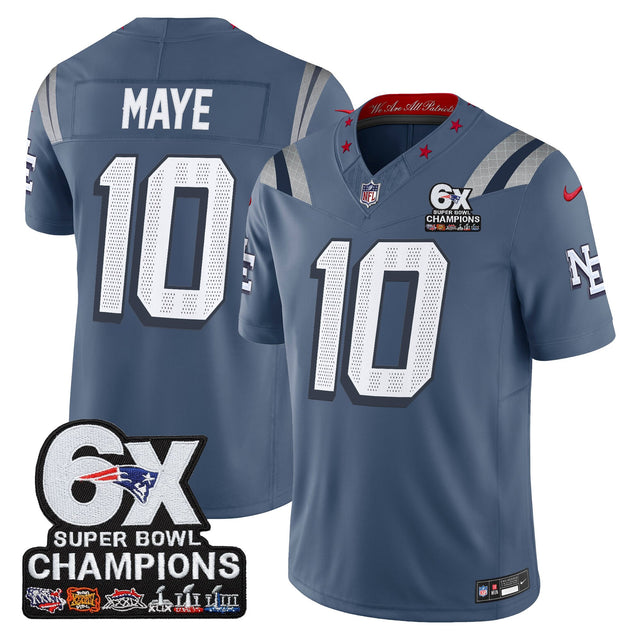 Men's New England Patriots 6-Time Champions Patch Vapor Limited Jersey - All Stitched - Storm Blue - Drake Maye — view 1