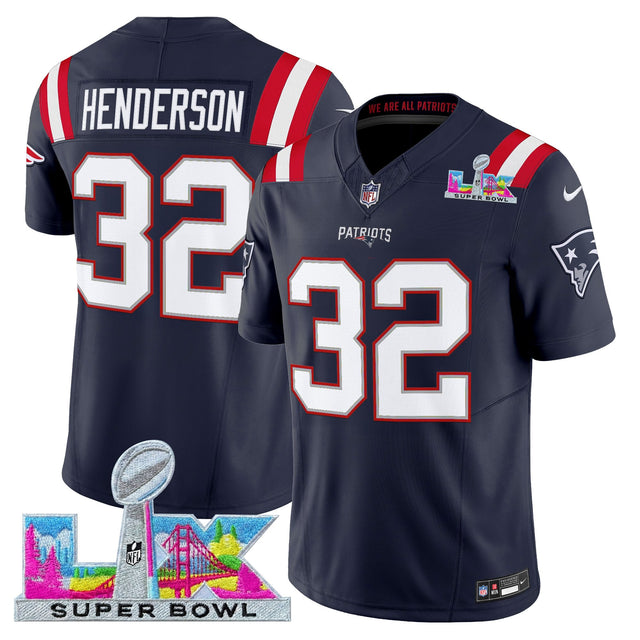 Men's New England Patriots Super Bowl LX Vapor Limited Jersey - All Stitched - Navy - TreVeyon Henderson — view 1