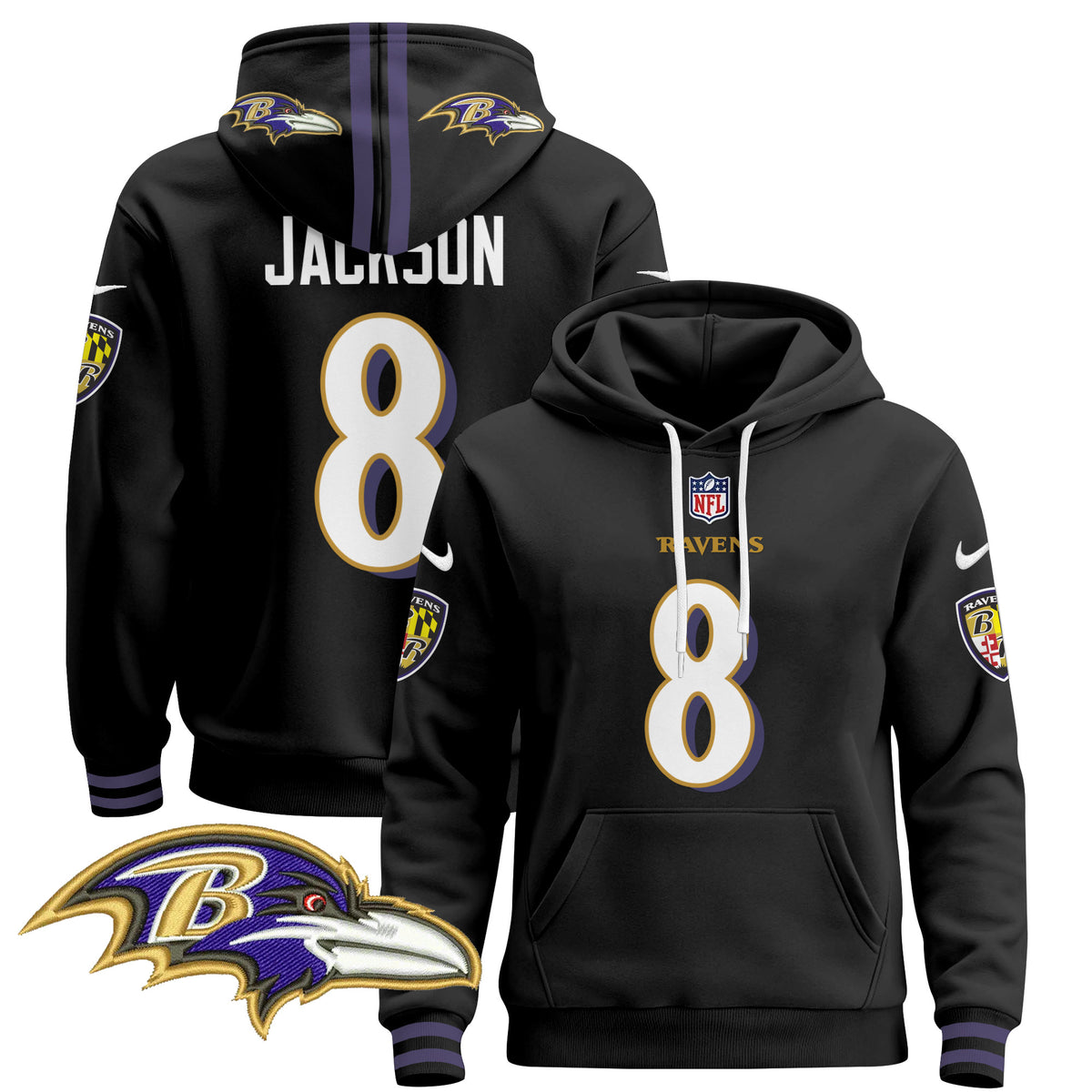Men's Baltimore Ravens 2024 Pullover Hoodie V4 - All Stitched - Black - Lamar Jackson — view 1
