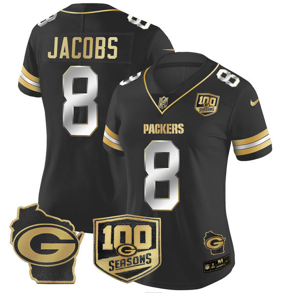 Women's Packers 100th Season & Home Patch Gold Vapor Limited Jersey – All Stitched - Black Limited - Josh Jacobs — view 1