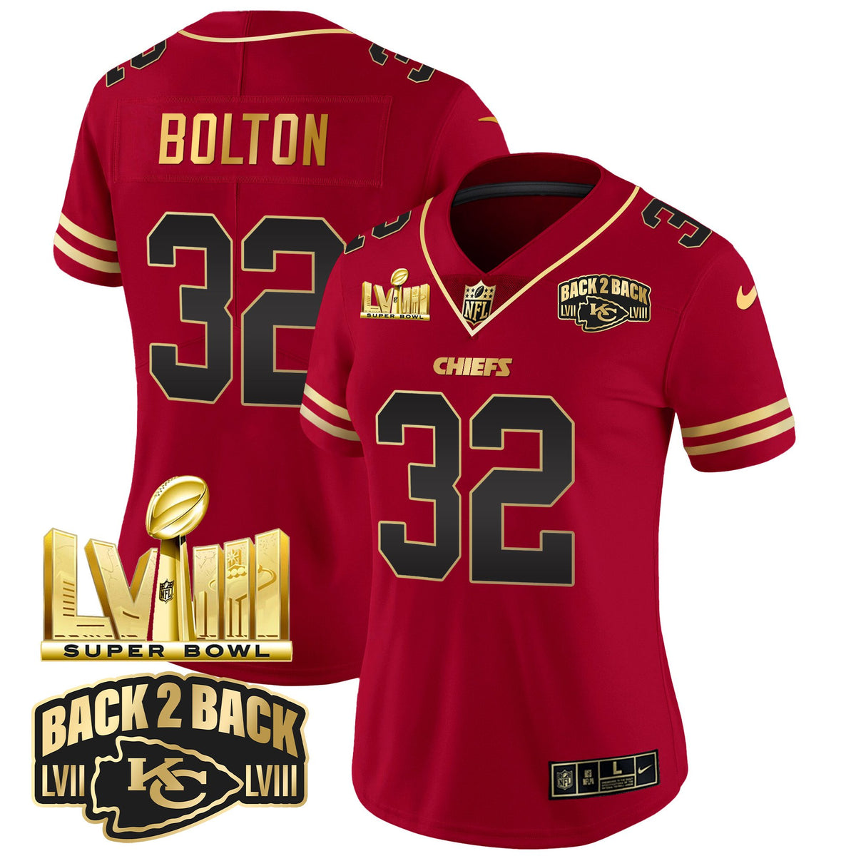 Women's Chiefs Super Bowl LVIII & Back 2 Back Gold Patch Vapor Jersey - All Stitched - Black Red - Nick Bolton — view 1