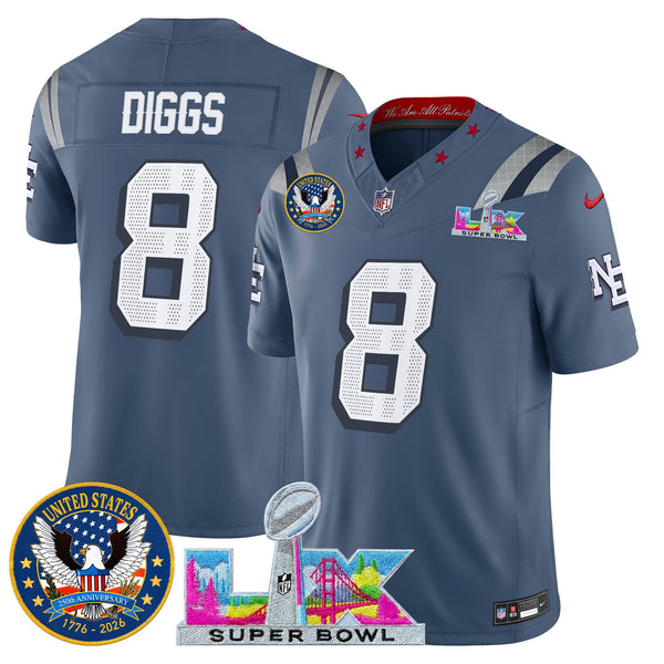 Men's New England Patriots Super Bowl LX & United States 250th Patch Vapor Limited Jersey - All Stitched - Storm Blue - Stefon Diggs — view 1