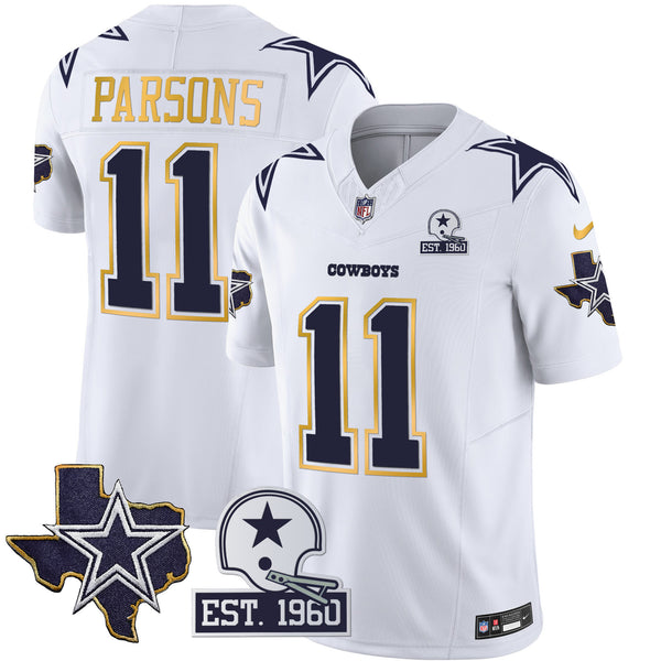 Men's Cowboys Texas Patch Gold Trim Vapor Jersey - All Stitched - White - Micah Parsons — view 1