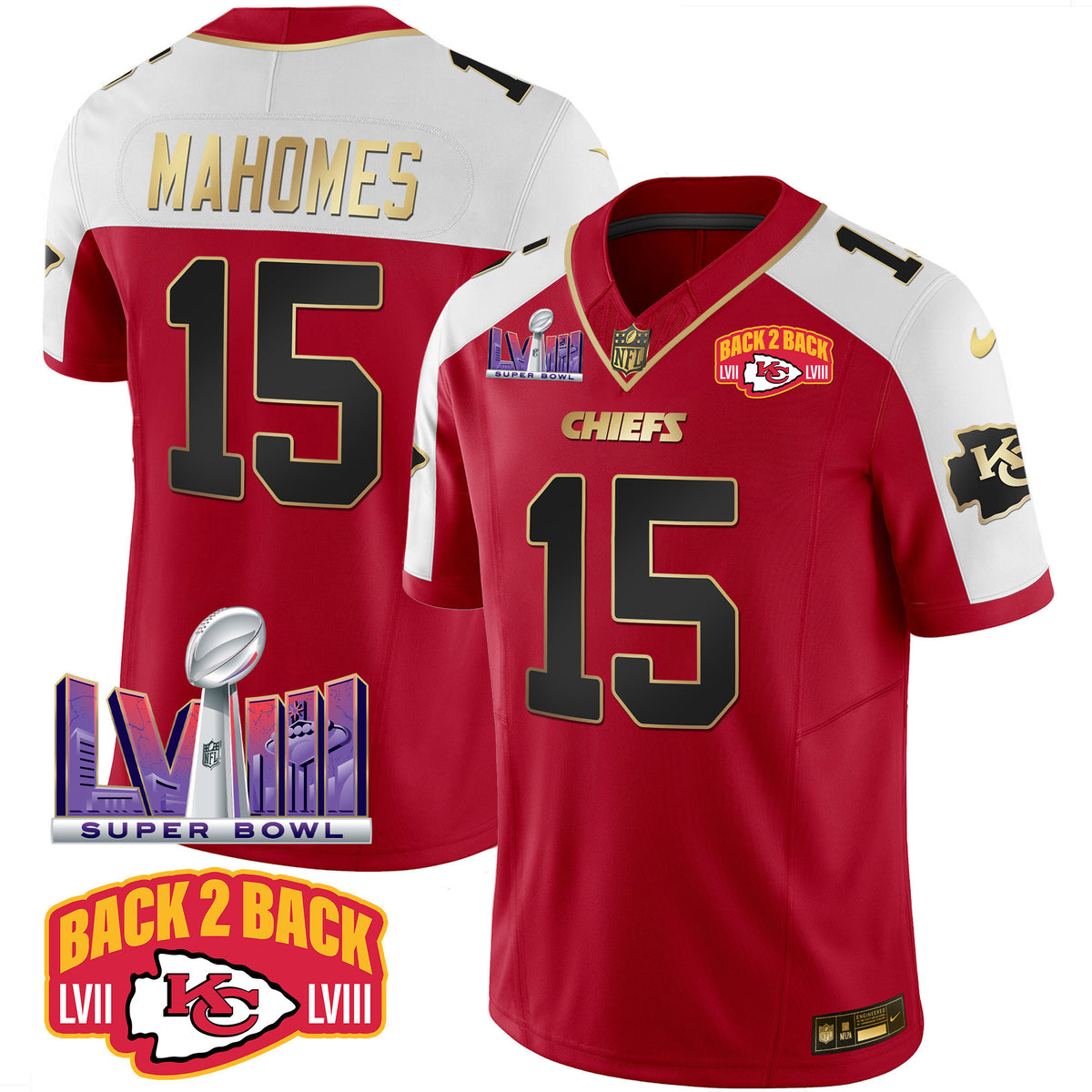 Men's Chiefs Super Bowl LVIII & Back 2 Back Patch Vapor Jersey - All Stitched - Red Alternate - Patrick Mahomes — view 1