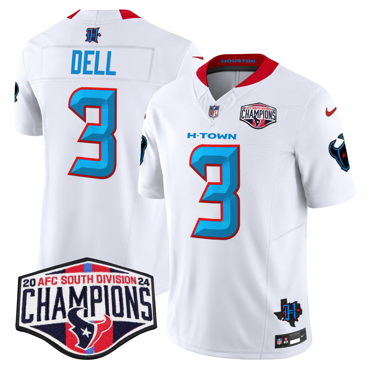 Men's Houston Texans 2024 AFC South Division Champions Patch Vapor Limited Jersey - All Stitched - White - Tank Dell — view 1