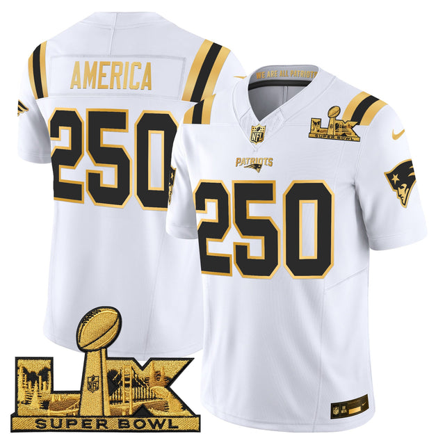Men's New England Patriots Super Bowl LX Gold Vapor Limited Jersey - All Stitched - White Gold - #250 America — view 1
