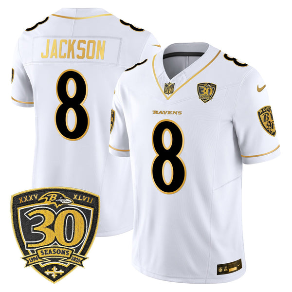 Men's Baltimore Ravens 2025 Gold Vapor Limited Jersey - 30th Anniversary Patch - All Stitched - White Gold - Lamar Jackson — view 1