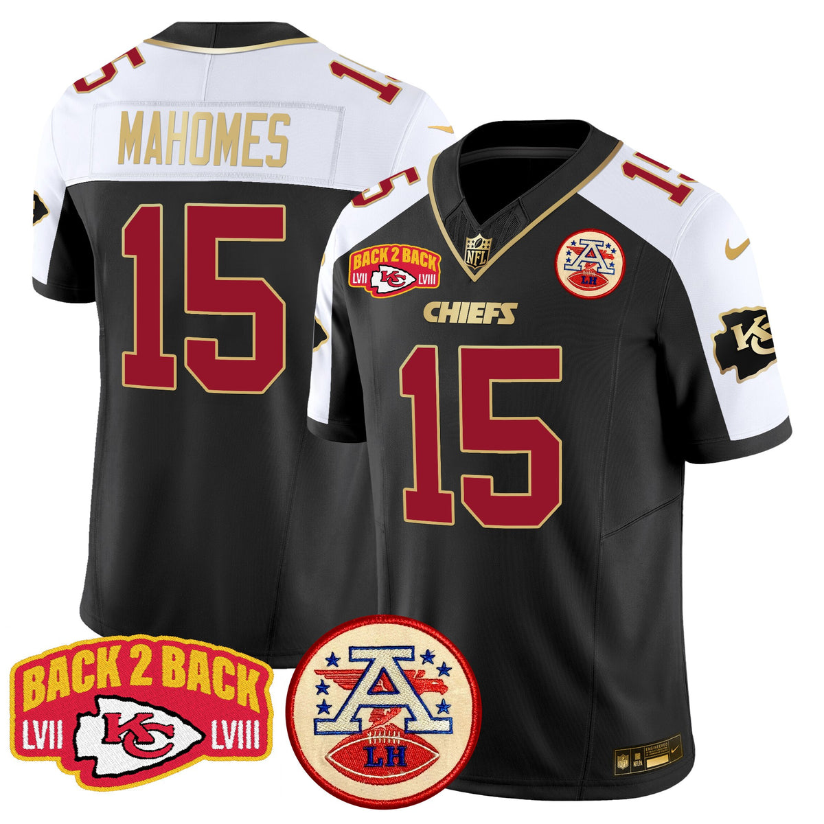 Men's Chiefs Super Back 2 Back Patch Vapor Limited Jersey - All Stitched - Black Alternate - Patrick Mahomes — view 1
