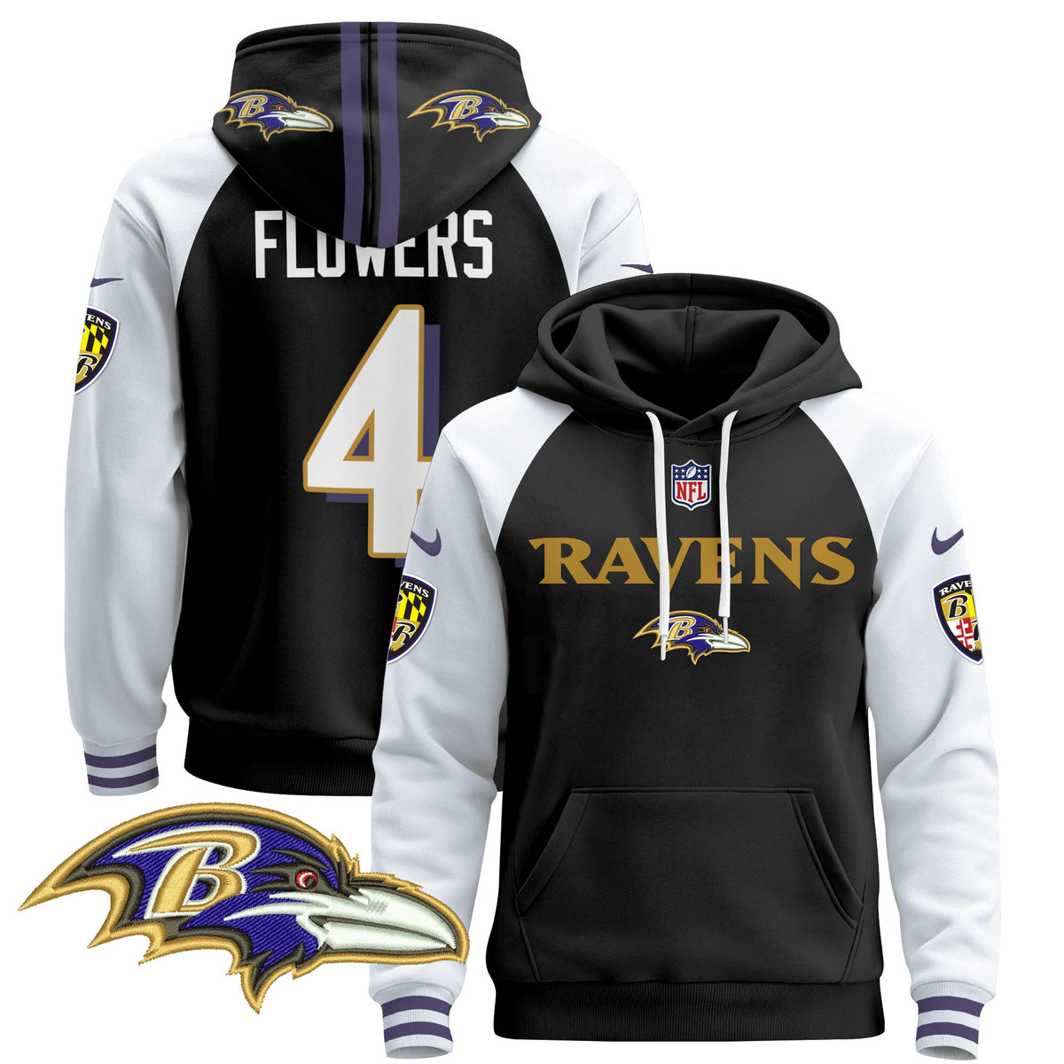 Men's Baltimore Ravens 2024 Pullover Hoodie V3 - All Stitched - Black Alternate - Zay Flowers — view 1