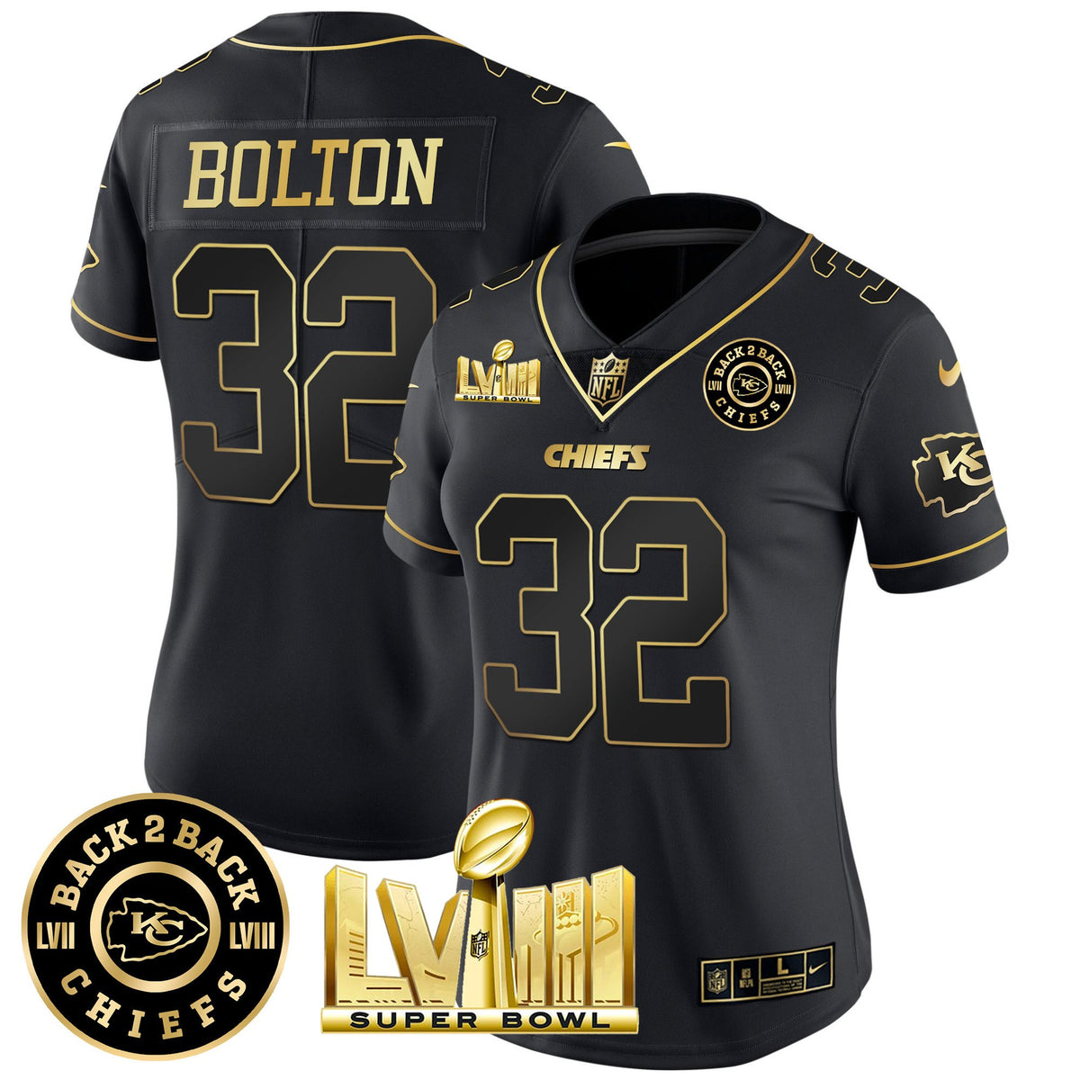 Women's Chiefs Super Bowl LVIII & Back 2 Back Patch Vapor Jersey V4 - All Stitched - Black Gold - Nick Bolton — view 1