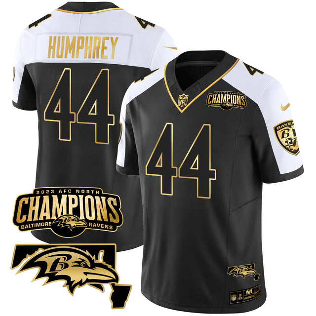 Men's Ravens 2023 AFC North Champions & Maryland Patch Gold Vapor Jersey - All Stitched - Alternate - Marlon Humphrey — view 1