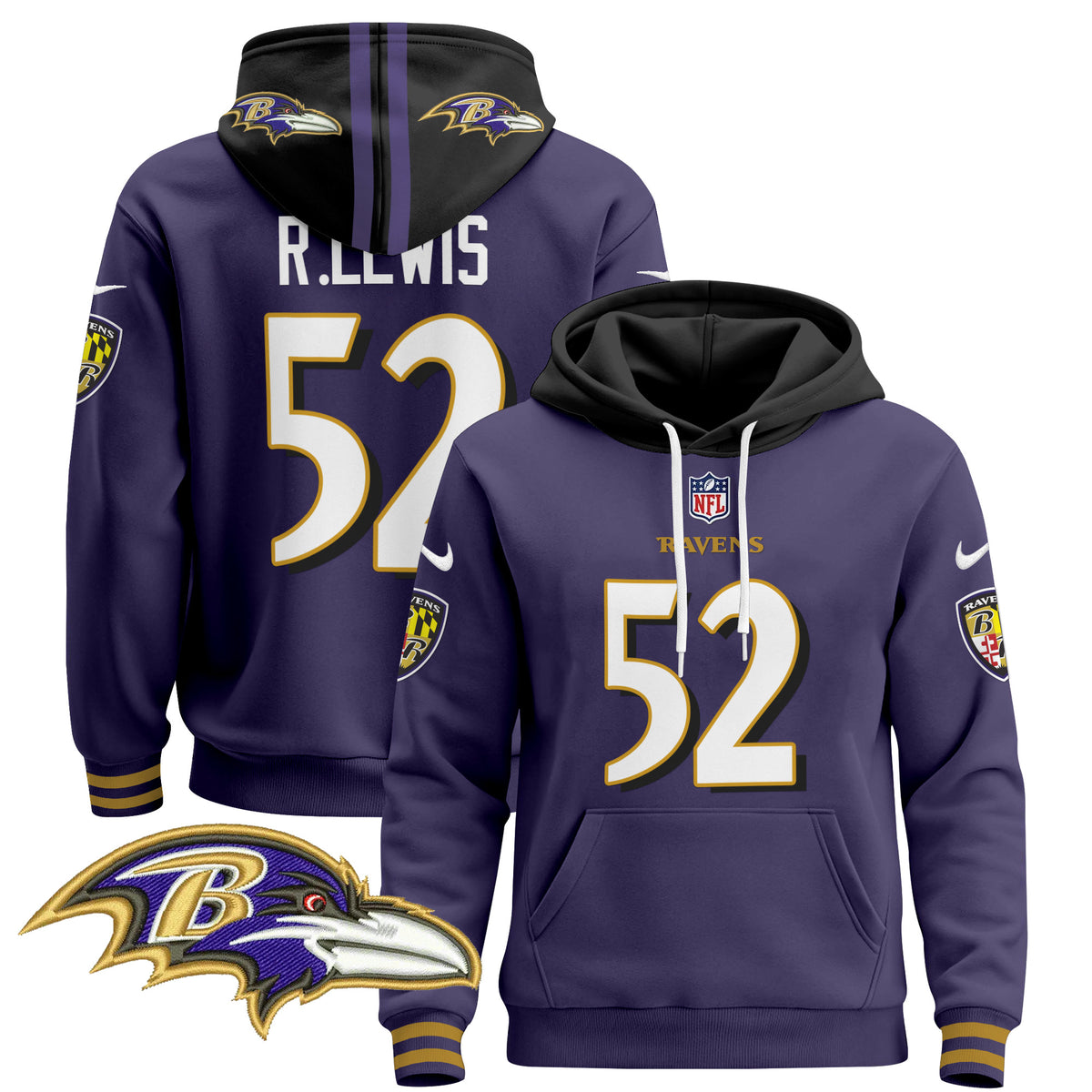 Men's Baltimore Ravens 2024 Pullover Hoodie V4 - All Stitched - Purple - Ray Lewis — view 1