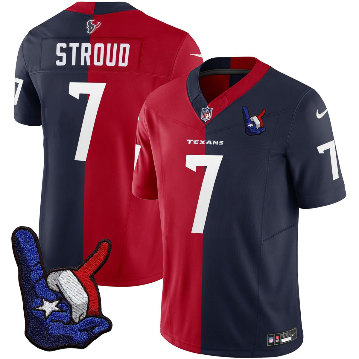 C.J. Stroud Houston Texans Split Red Navy Hand Sign Patch Jersey - All Stitched - Split — view 1