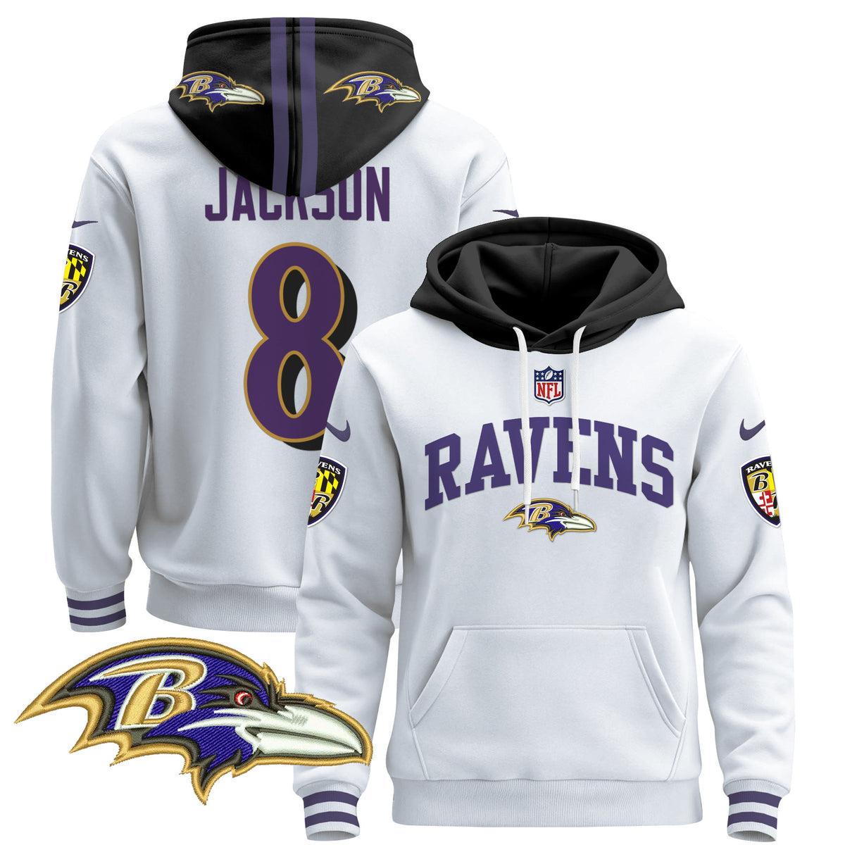 Men's Baltimore Ravens 2024 Pullover Hoodie V2 - All Stitched - White - Lamar Jackson — view 1