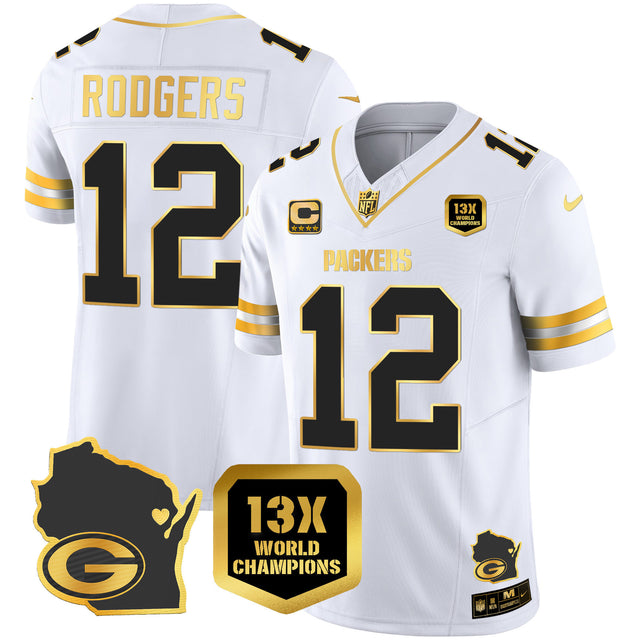 Men's Packers 13 Time World Champions & Home Patch Gold Vapor Jersey V2 – All Stitched - White Gold - Aaron Rodgers — view 1