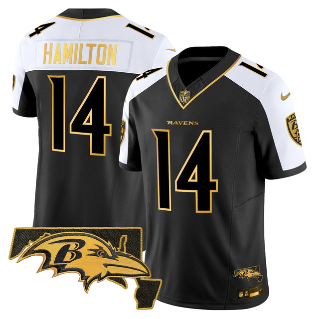 Men's Ravens Maryland Patch Gold Vapor Limited Jersey V2 - All Stitched - Alternate - Kyle Hamilton — view 1