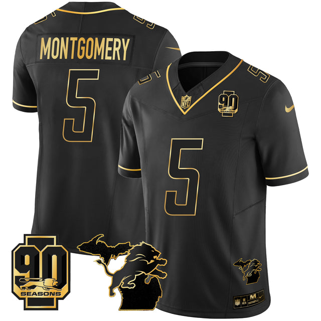 Men's Detroit Lions 90th Year & Michigan Patch Gold Vapor Jersey - All Stitched - Black Gold - David Montgomery — view 1