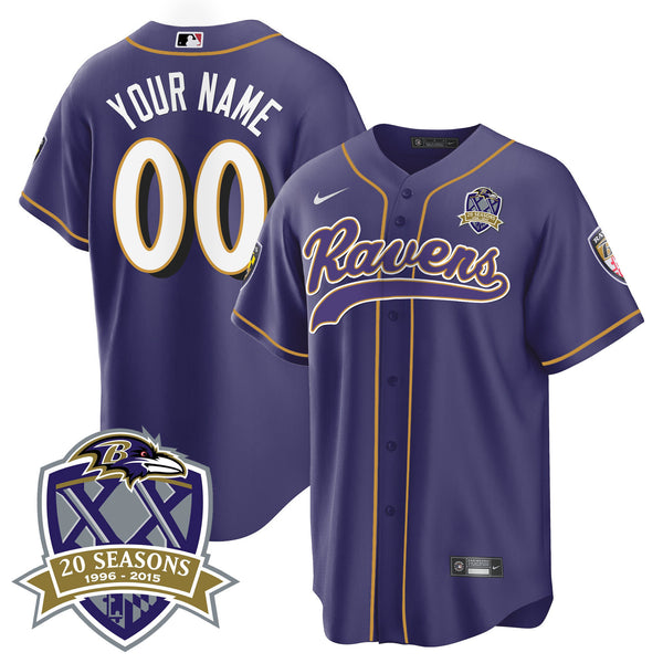 Ravens 20th Season Patch Baseball Custom Jersey - All Stitched - Purple — view 1