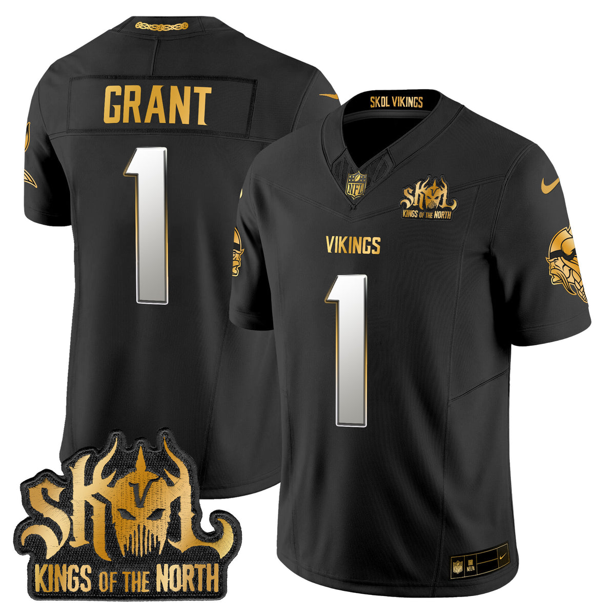Men's Minnesota Vikings 2024 Winter Warrior Skol Patch Gold Vapor Limited Jersey - All Stitched - Black Limited - Bud Grant — view 1
