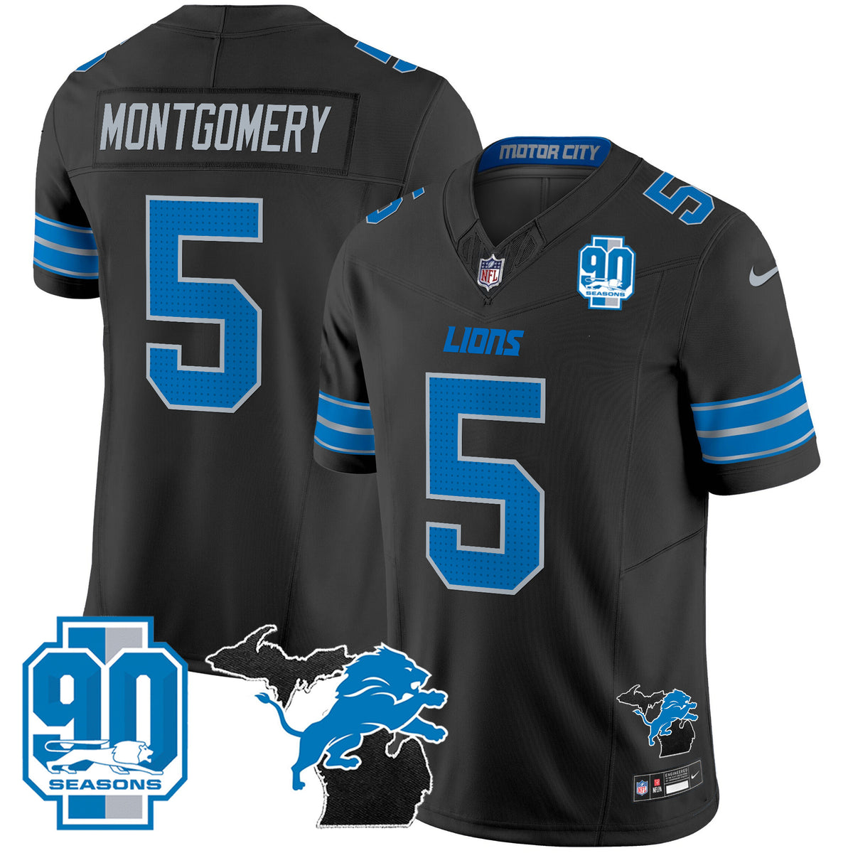 Men's Detroit Lions 2025 Michigan & 90th Year Patch Vapor Jersey - All Stitched - Black - David Montgomery — view 1