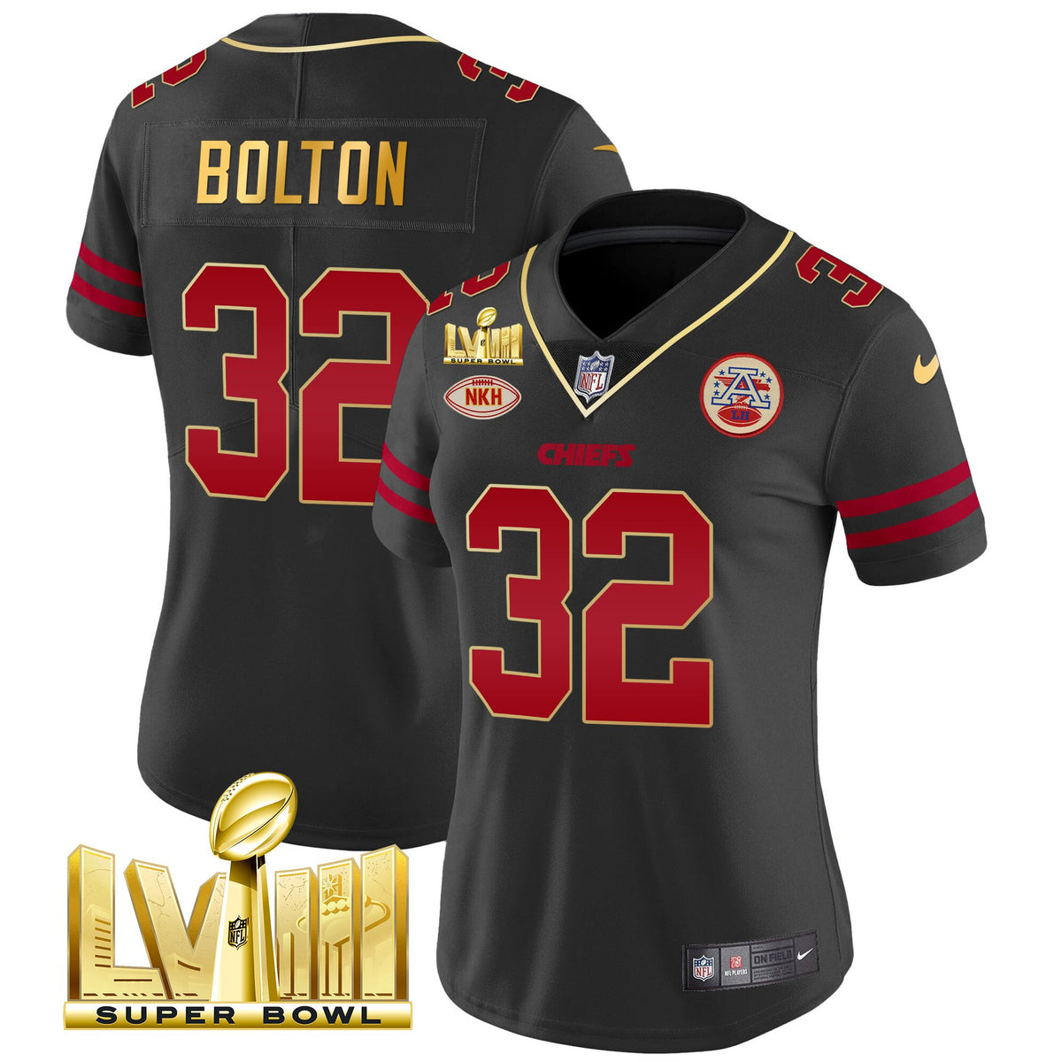 Women's Chiefs Super Bowl LVIII Gold Patch Vapor Jersey V2- All Stitched - Gold Trim - Nick Bolton — view 1