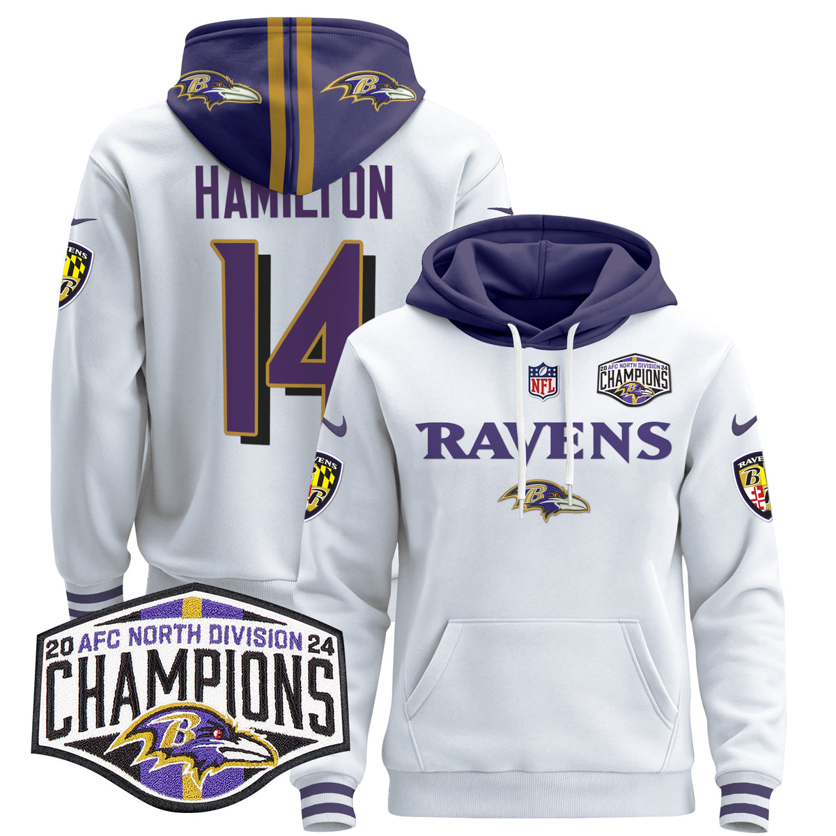 Men's Baltimore Ravens 2024 AFC North Division Champions Patch Pullover Hoodie - All Stitched - White - Kyle Hamilton — view 1
