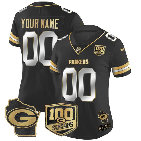 Green Bay Packers 100th Season & Home Patch Gold Vapor Limited Custom Jersey – All Stitched - Black Limited — view 1