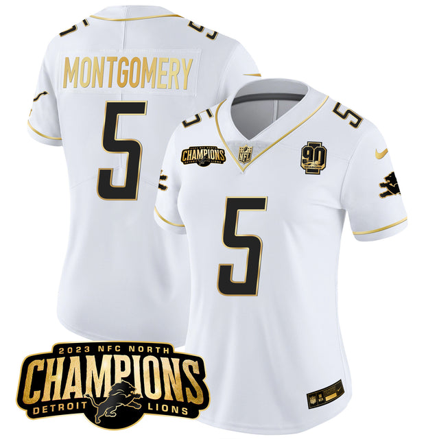 Women's Detroit Lions 2023 NFC North Champions Patch Gold Vapor Jersey V2 - All Stitched - White Gold - David Montgomery — view 1