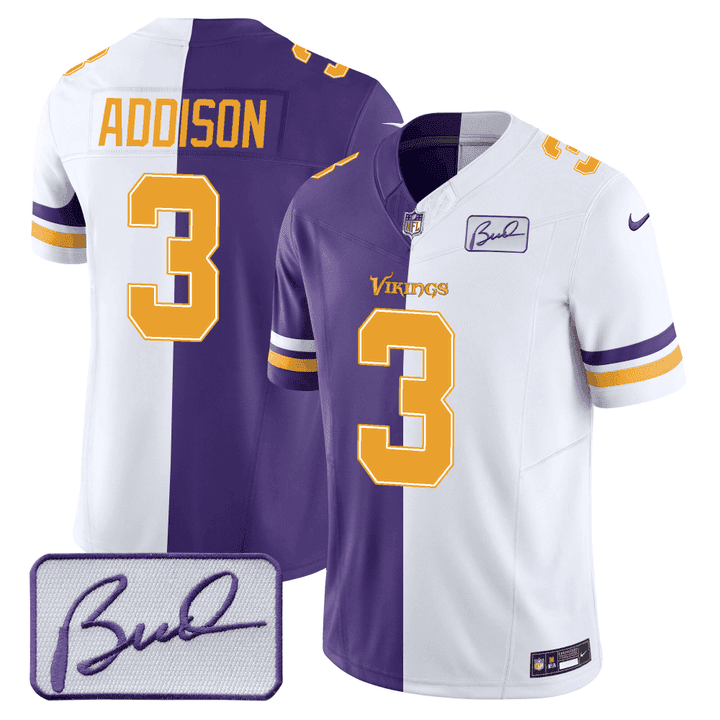 Men's Minnesota Vikings Bud Grant Patch Purple White Split Jersey - All Stitched - Jordan Addison - Split — view 1