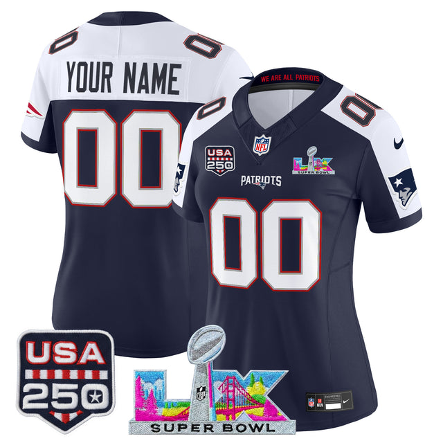 New England Patriots Super Bowl LX & United States 250th Anniversary Patch Vapor Limited Custom Jersey - All Stitched - Navy Alternate — view 1