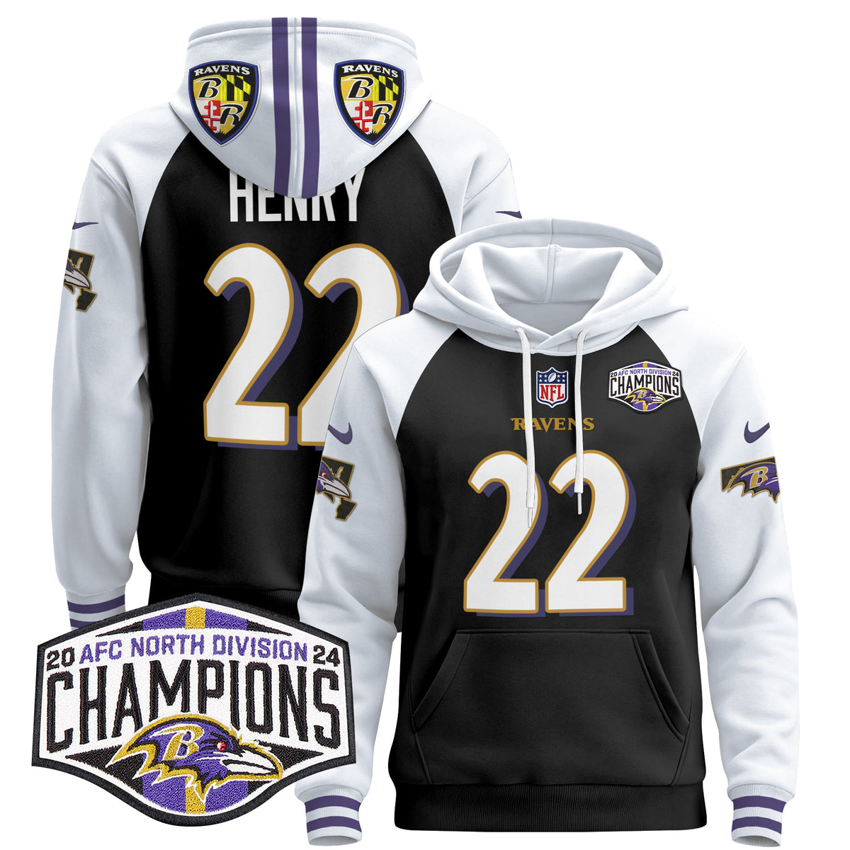 Men's Baltimore Ravens 2024 AFC North Division Champions Patch Pullover Hoodie V2 - All Stitched - Black Alternate - Derrick Henry — view 1