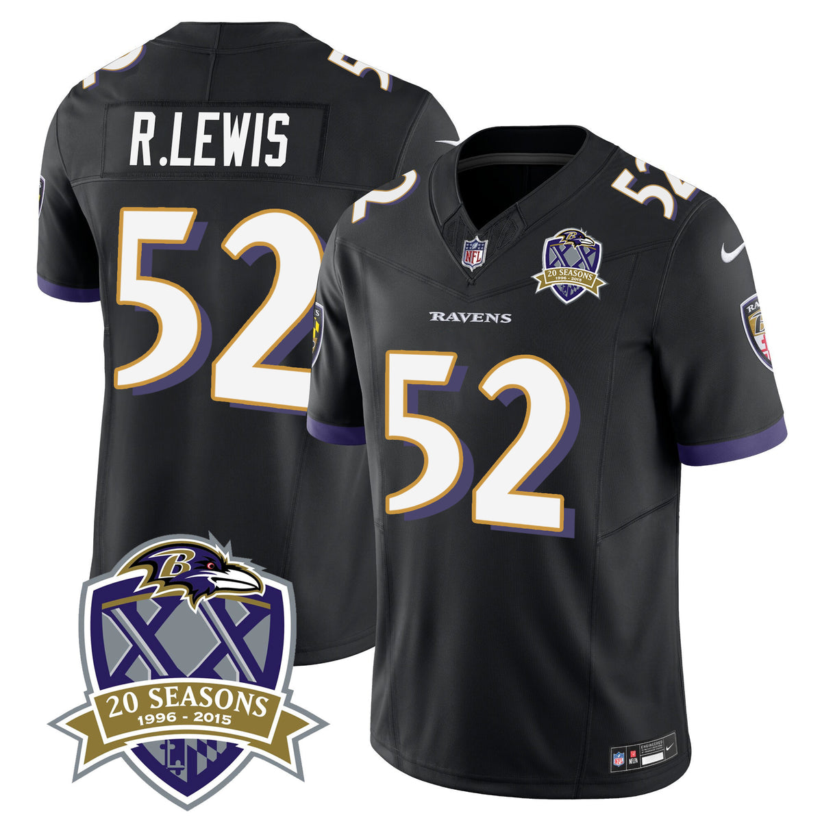Men's Ravens 20th Season Patch Vapor Limited Jersey - All Stitched - Black - Ray Lewis — view 1