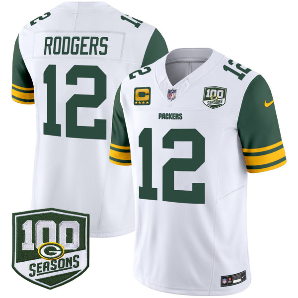 Men's Green Bay Packers Throwback 100th Season Patch Vapor Limited Jersey - All Stitched - White - Aaron Rodgers — view 1